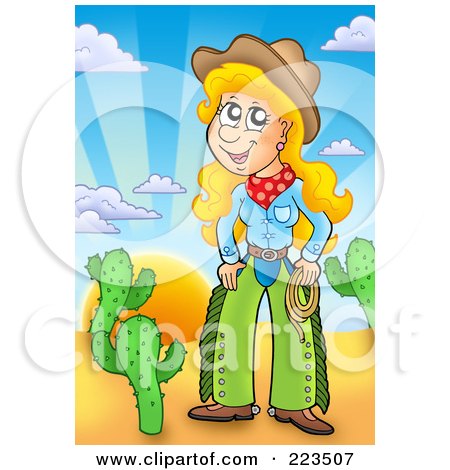 Royalty-Free (RF) Clipart Illustration of a Western Cowgirl Holding A Lasso In A Desert by visekart