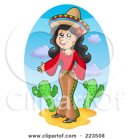 Royalty-Free (RF) Clipart Illustration of a Pretty Mexican Woman Standing By Cactus Plants by visekart