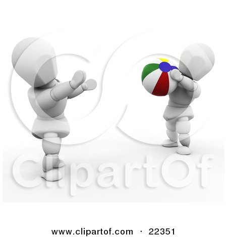 Clipart Illustration of Two White Characters Tossing A Colorful Beach Ball On The Shore by KJ Pargeter