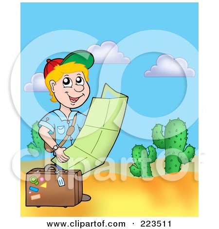 Royalty-Free (RF) Clipart Illustration of a Traveling Boy Reading A Map In The Desert by visekart