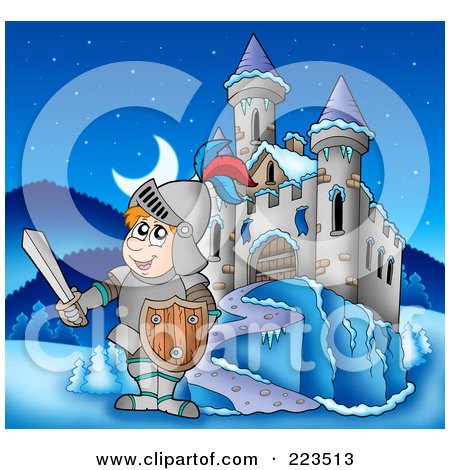 Royalty-Free (RF) Clipart Illustration of a Knight Holding A Sword Near A Winter Castle by visekart