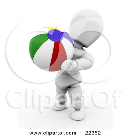 Clipart Illustration of a White Character Carrying A Colorful Yellow, Blue, Red, Green And White Ball On The Beach by KJ Pargeter