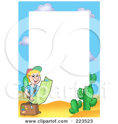 Royalty-Free (RF) Clipart Illustration of a Traveling Boy Reading A Map Frame Around White Space by visekart