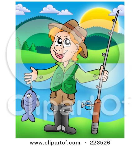 Royalty-Free (RF) Clipart Illustration of a Boy Holding A Fish And His Pole Near A Lake by visekart