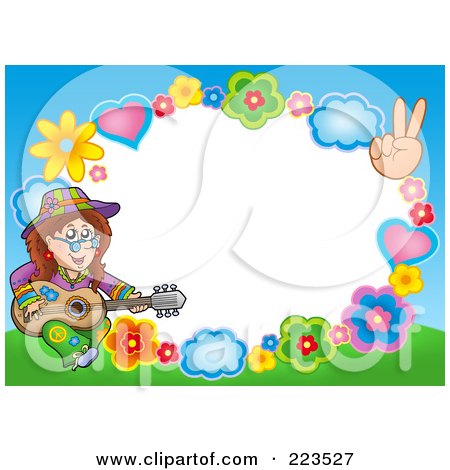 Royalty-Free (RF) Clipart Illustration of a Hippie Guitarist Border Frame Around White Space by visekart