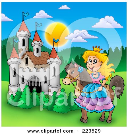 Royalty-Free (RF) Clipart Illustration of a Princess On Her Horse By A Castle by visekart