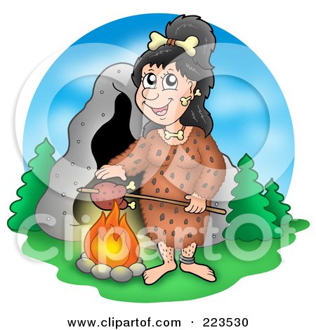 Royalty-Free (RF) Clipart Illustration of a Cave Woman Roasting Meat By A Cave by visekart