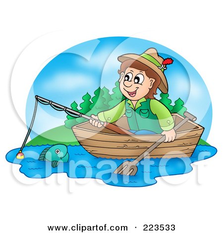 Royalty-Free (RF) Clipart Illustration of a Boy Fishing In A Wooden Boat by visekart
