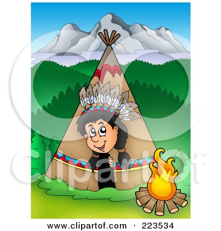 Royalty-Free (RF) Clipart Illustration of a Native American Man Peeking Out Of A Tepee by visekart