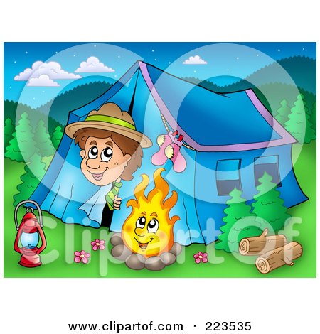 Royalty-Free (RF) Clipart Illustration of a Boy Peeking Out Of A Tent At A Campfire by visekart