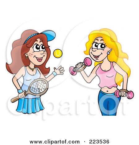 Royalty-Free (RF) Clipart Illustration of Women Playing Tennis And Weight Lifting by visekart