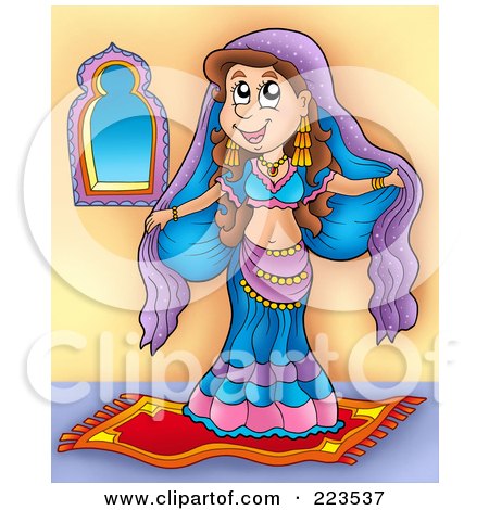 Royalty-Free (RF) Clipart Illustration of a Pretty Brunette Belly Dancer Standing On A Carpet by visekart