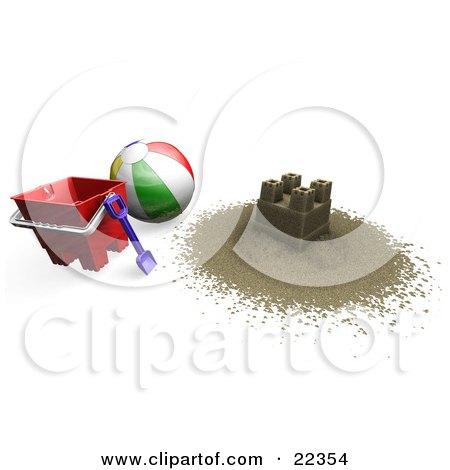 Clipart Illustration of a Sand Castle On The Beach With A Beach Ball, Bucket And Shovel by KJ Pargeter