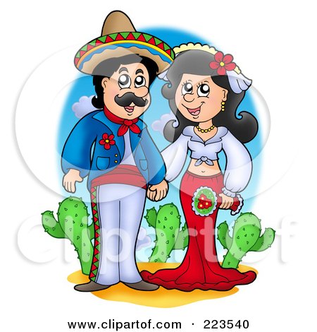 Royalty-Free (RF) Clipart Illustration of a Hispanic Wedding Couple Holding Hands by visekart