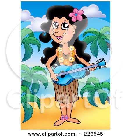 Royalty-Free (RF) Clipart Illustration of a Hawaiian Woman Standing On A Beach And Playing Music by visekart
