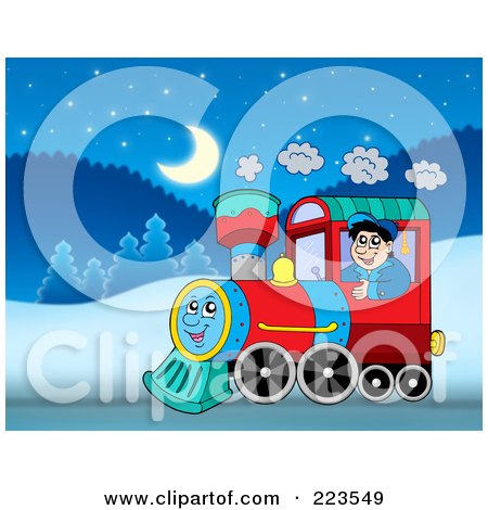 Royalty-Free (RF) Clipart Illustration of a Man Driving A Train On A Winter Night by visekart