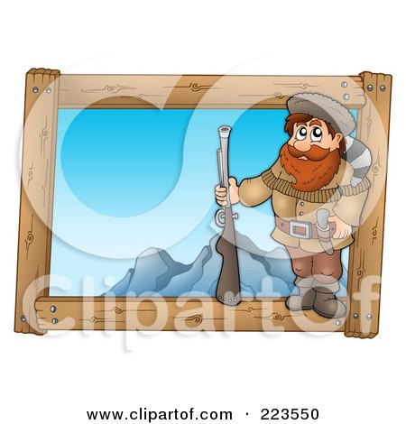 Royalty-Free (RF) Clipart Illustration of a Hunter Holding A Gun Over A Wooden Frame With Mountains by visekart