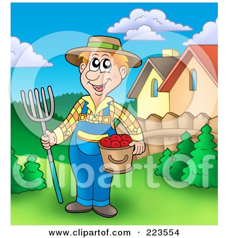 Royalty-Free (RF) Clipart Illustration of a Farmer Holding A Bushel Of Apples And A Pitchfork by visekart