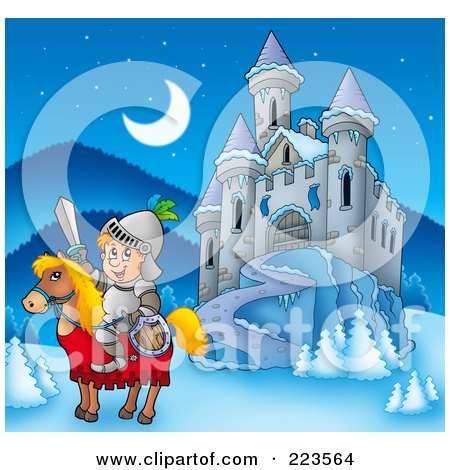 Royalty-Free (RF) Clipart Illustration of a Knight On A Steed Near A Winter Castle by visekart