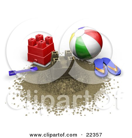 Clipart Illustration of a Colorful Beach Ball, Blue Flip Flops, Shovel And Red Bucket Around A Sand Castle On The Beach by KJ Pargeter