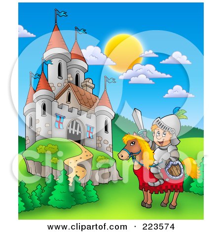 Royalty-Free (RF) Clipart Illustration of a Knight On A Steed Near A Castle by visekart