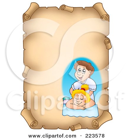 Royalty-Free (RF) Clipart Illustration of a Vertical Aged Parchment Page With A Massage Therapist by visekart