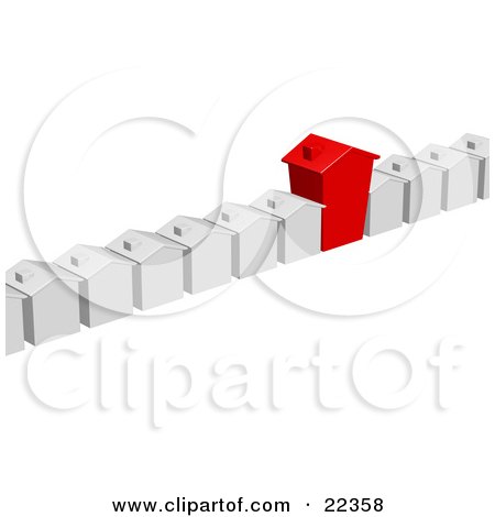 Clipart Illustration of a Unique Red House In A Row Of White Homes In A Neighborhood, Over White by KJ Pargeter