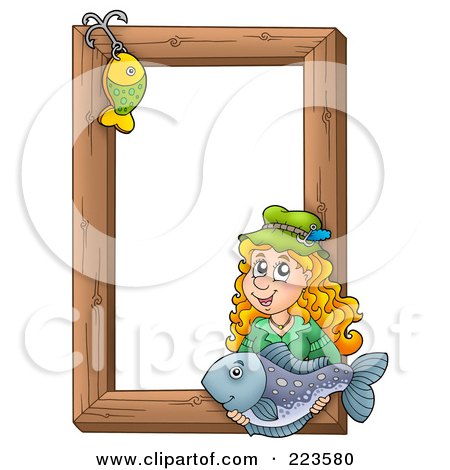 Royalty-Free (RF) Clipart Illustration of a Fishing Hook And Woman Holding A Fish Over A Wooden Frame by visekart
