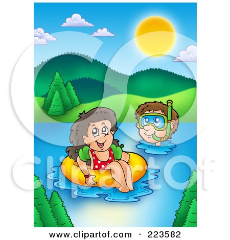 Royalty-Free (RF) Clipart Illustration of a Boy And Girl Swimming In A Lake by visekart