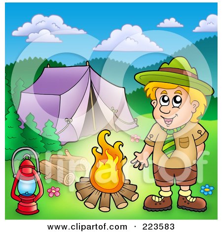 Royalty-Free (RF) Clipart Illustration of a Blond Scout Boy Presenting A Camp Fire By A Tent by visekart