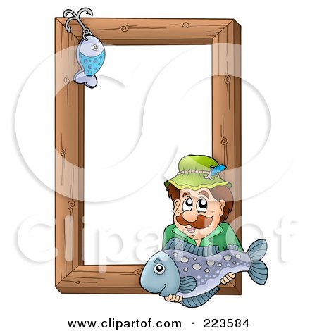 Royalty-Free (RF) Clipart Illustration of a Fishing Hook And Man Holding A Fish Over A Wooden Frame by visekart