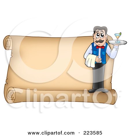 Royalty-Free (RF) Clipart Illustration of a Horizontal Parchment Page With A Waiter by visekart