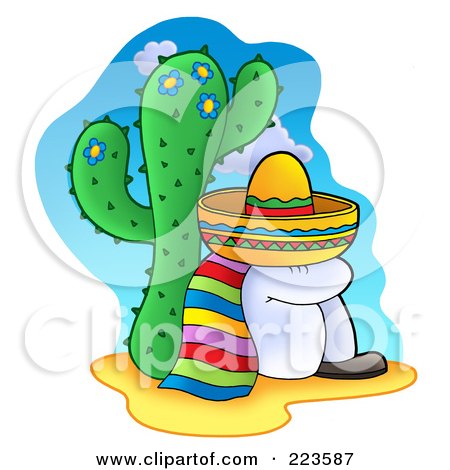 Royalty-Free (RF) Clipart Illustration of a Mexican Man Taking A Nap Against A Cactus by visekart