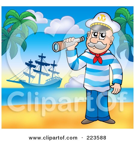 Royalty-Free (RF) Clipart Illustration of a Senior Sailor Holding A Spyglass On A Beach by visekart
