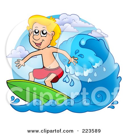 Royalty-Free (RF) Clipart Illustration of a Blond Summer Boy Surfing by visekart