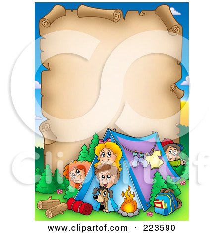 Royalty-Free (RF) Clipart Illustration of an Aged Parchment Page Of Camping Kids by visekart