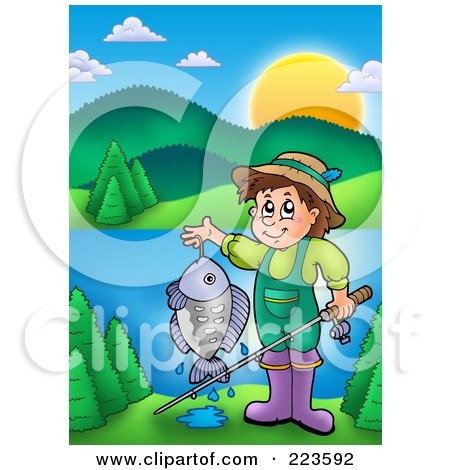 Royalty-Free (RF) Clipart Illustration of a Boy Holding His Fishing Pole And Catch Near A Lake by visekart
