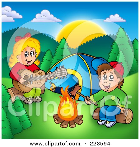 Royalty-Free (RF) Clipart Illustration of a Boy And Girl Around A Campfire by visekart