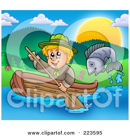 Royalty-Free (RF) Clipart Illustration of a Fish Jumping Near A Blond Scout Boy Rowing A Boat by visekart