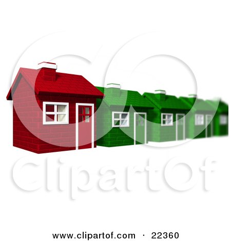 Clipart Illustration of a Unique Red Brick Home In A Row Of Green Houses In A Neighborhood, Over White by KJ Pargeter