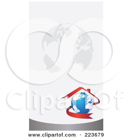 Royalty-Free (RF) Clipart Illustration of a Business Card Design Of A Red Ribbon Forming A House Over A Globe On A Gray Globe Background by Eugene