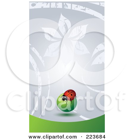 Royalty-Free (RF) Clipart Illustration of a Business Card Design Of A Ladybug On A Green Orb On Gray Floral And Green by Eugene