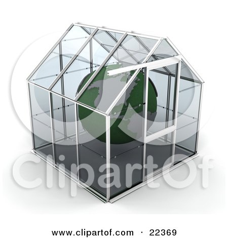 Clipart Illustration of a Green Planet Earth Floating Safetly Inside A Glass Greenhouse by KJ Pargeter