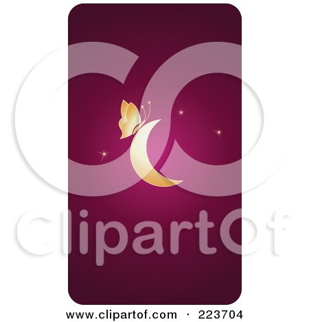 Royalty-Free (RF) Clipart Illustration of a Business Card Design Of A Golden Butterfly On A Crescent Moon Over Pink by Eugene