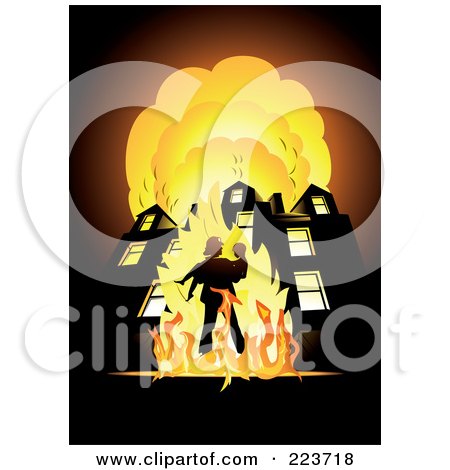 Fireman Carrying A Child In Front Of A Blazing Building Posters, Art Prints