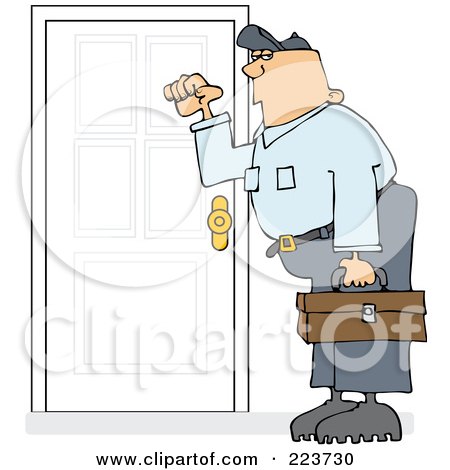 Royalty-Free (RF) Clipart Illustration of a Caucasian Worker Man Knocking On A Door by djart