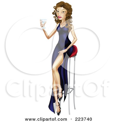 Royalty-Free (RF) Clipart Illustration of a Sexy Brunette Woman In A Long Dress, Holding A Cocktail And Sitting On A Stool by AtStockIllustration