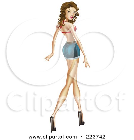 Royalty-Free (RF) Clipart Illustration of a Sexy Pinup Woman Walking In Heels And Daisy Duke Denim Shorts by AtStockIllustration