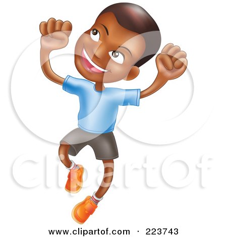 Royalty-Free (RF) Clipart Illustration of a Happy African American Boy Smiling And Jumping Into The Air by AtStockIllustration