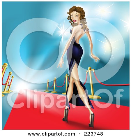 Royalty-Free (RF) Clipart Illustration of a Sexy Female Celebrity In A Gown, Walking Down The Red Carpet With Flashes Of Camera Lights by AtStockIllustration